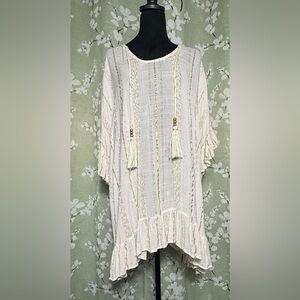 Surf Gypsy, Boho Oversized Tassel Semi Sheer Mini Dress, Size Small